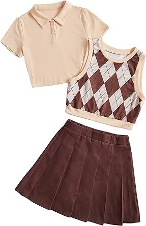 Milumia Girl's Clothing Set 3 Piece Argyle Print Tank Top and Pleated Skirt with Polo Shirt