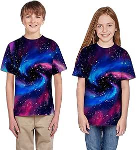 Tops for Girls Boys Summer Tee Short Sleeve T-Shirt Old Teen 3D Print Galaxy Casual Clothes 5-14 Years (Purple-05#, 9-10 Years)