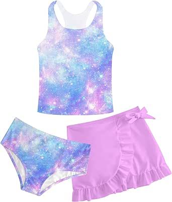 Girls Swimsuits 3 Piece Tankini Bathing Suit Set Cute Bikini Swimwear with Cover Ups Beach Skirt 6-12 Years