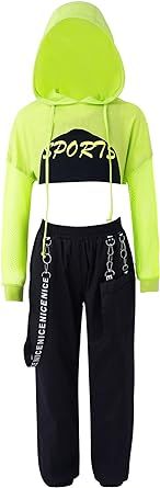 YONGHS Kids Girls 3 Pieces Outfit Hip Hop Dance Clothes Cropped Hoodie Tank Top Jogger Pants Set Jazz Streetwear Tracksuit