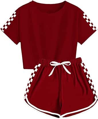 CNJFJ Kids Summer Sport T-Shirt and Shorts Set Plaid Print Clothing Sets Tracksuit