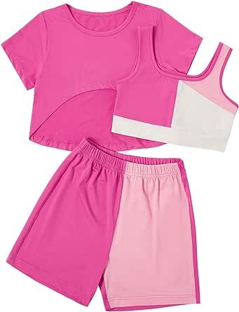 Milumia Girl's 3 Piece Outfits Color Block Cami Top and Shorts with High Low Crop Tee Clothing Set