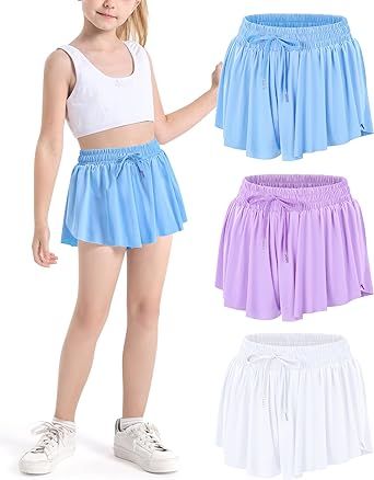 Auranso Girls Flowy Shorts with Pocket 2-in-1 Athletic Running Butterfly Shorts