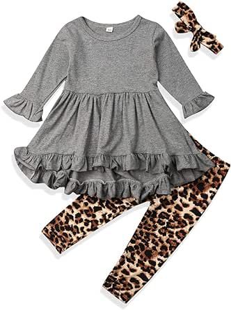 GuliriFei Toddler Girl Fall Winter Clothes Long Sleeves Ruffle Tunic Dress Top Trousers Leopard Pants Outfit Set