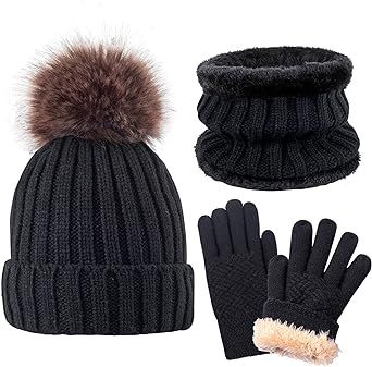 Kids Winter Knit Beanie Hat Scarf and Gloves Set for Girls Boys with Pompom